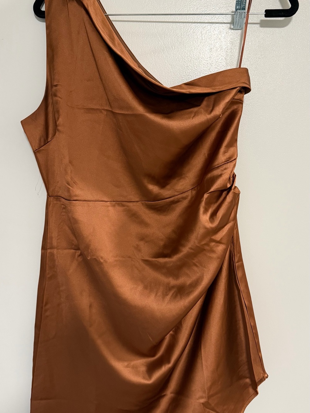 TCEC One-Shoulder Satin Dress in Copper Brown